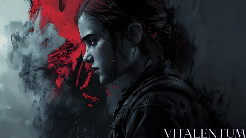 Brooding young survivor profile against red abstract smear