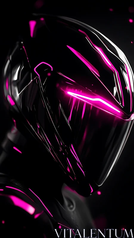 Futuristic black helmet with neon magenta visor glow.
