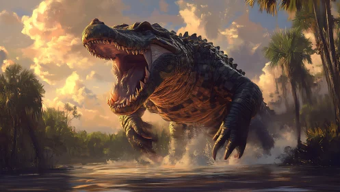 Colossal crocodile erupting from misty jungle river at dusk.