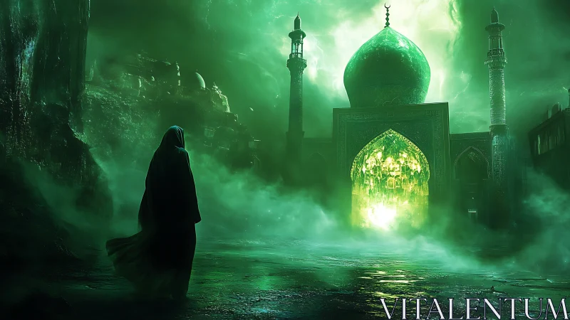 Emerald portal mosque glows as cloaked wanderer nears destiny.
