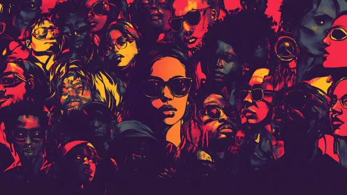 Clustered stylized portraits in red, orange and dark tones.