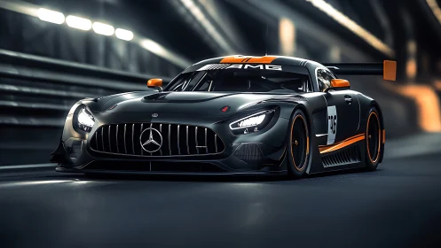 Midnight circuit sprint with a sleek Mercedes AMG racer.