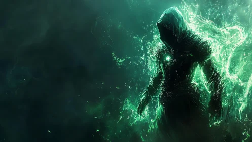 Hooded spectral mage in glowing green magical energy.