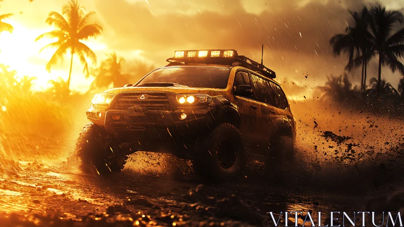 Off-road SUV driving through muddy track at sunset rain.