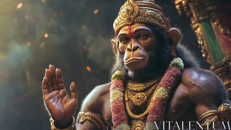 Divine simian guardian raises a blessing hand in gold light.