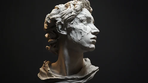 Cracked classical bust sculpture in three-quarter profile.