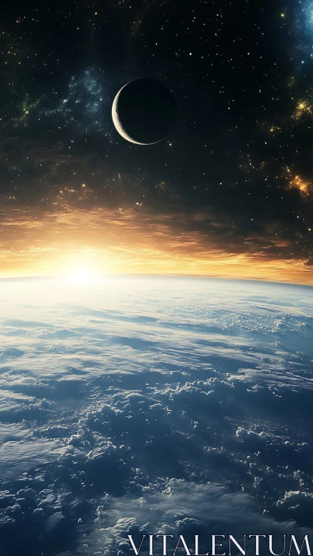 Gentle sunrise above Earth with a quiet crescent moon.