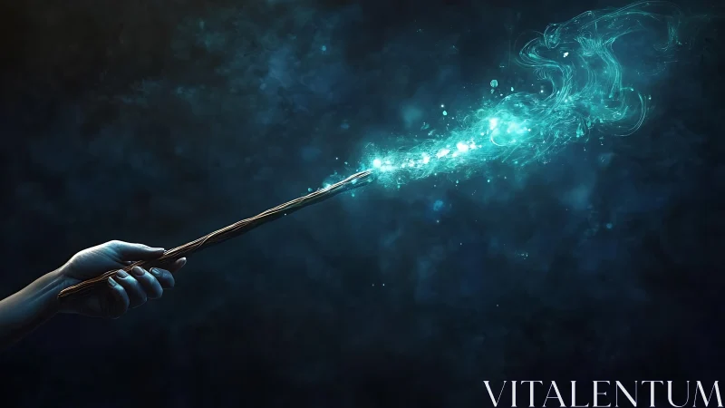 Mystic wand casts glowing teal spell over dark void.