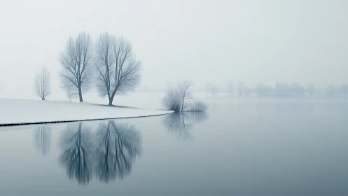 Winter lakeside trees mirror in silent blue fog. Period.