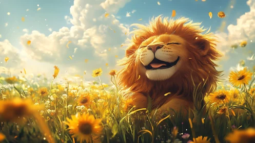 Smiling cartoon lion resting in sunny flower meadow.