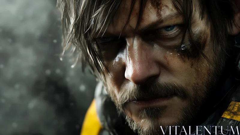 Close-up digital render of weathered male face in gear.