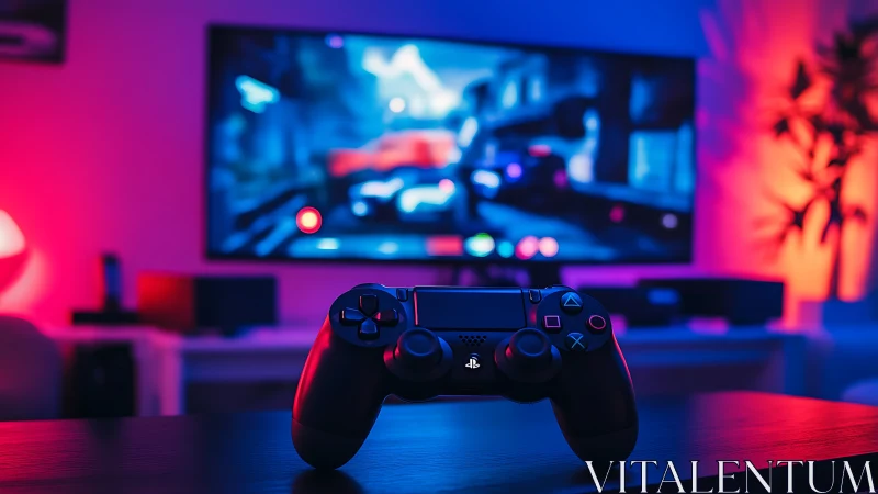 Game controller in neon lit living room gaming setup.