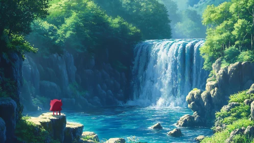 Cartoon figure observing wide waterfall in forest valley.