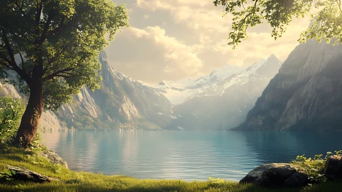 Peaceful mountain lake cradled by sunlit cliffs and pines.