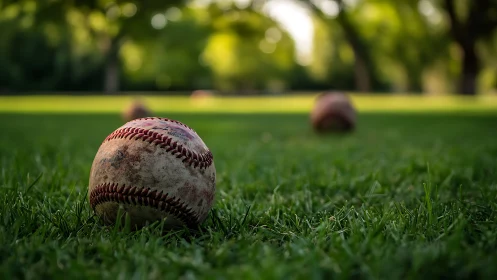 Weathered baseball rests softly on green summer grass field