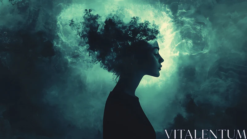 Silhouetted profile merges with turbulent teal vapor cloudscape
