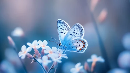 Gentle blue butterfly pauses softly among dreamy wildflowers