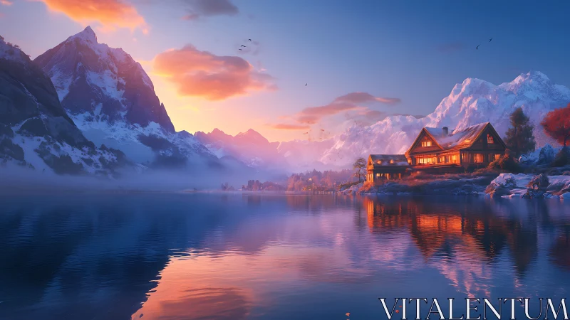 Mountain lake chalet glows under vivid winter sunset light
