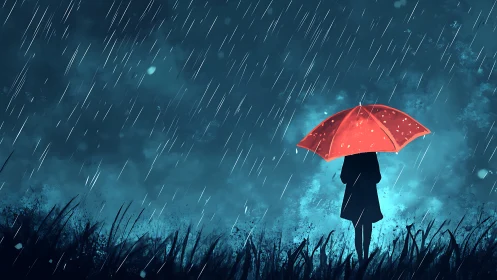 Solitary figure under red umbrella in stormy night rain.