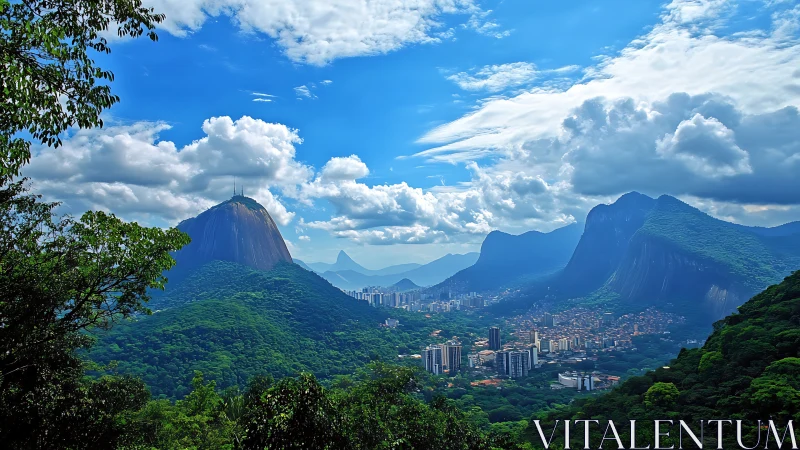 Tropical mountain skyline with urban valley under cumulus clouds.
