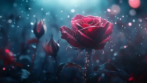 Crystalline Red Rose Glowing in Ethereal Blue Particle Light