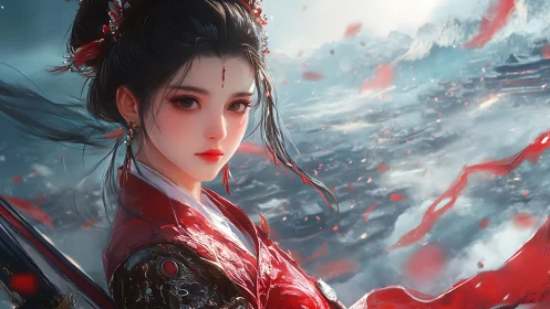 Warrior woman in red robe over snowy mountain battlefield.