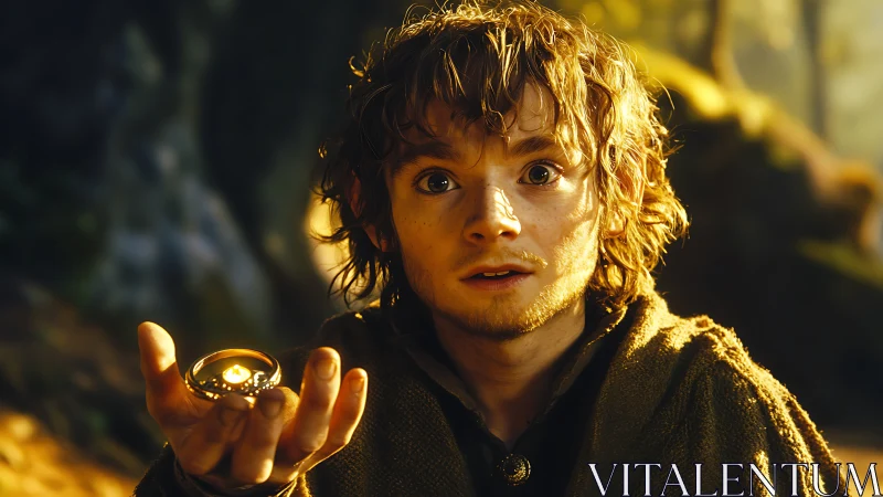 Wide-eyed adventurer holds glowing ring in sunlit forest.