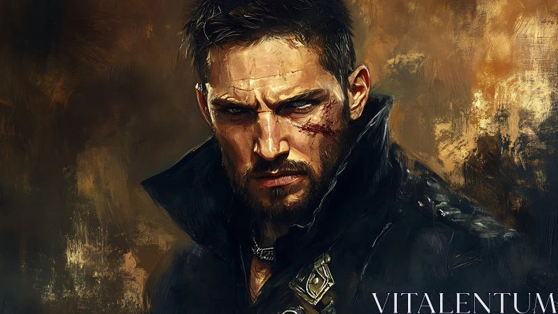 Battle-worn mercenary portrait in dramatic warm brushwork