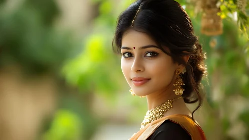 Portrait of young woman in traditional sari, shallow depth