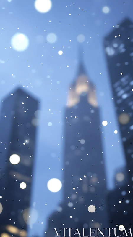 Defocused winter snowfall across highrise skyline depth field.