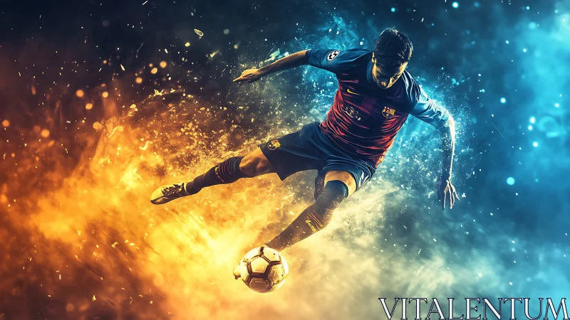 Bifurcated chromatic soccer volley with fire‑ice particle field.