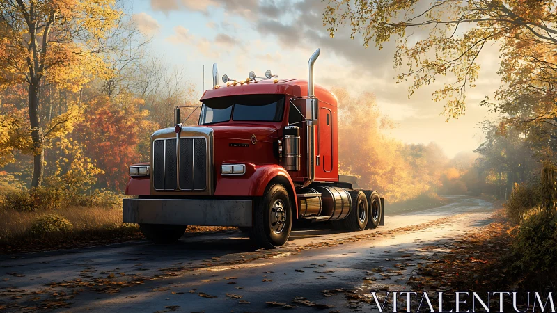 Bright red semi truck cruising a peaceful autumn country road.