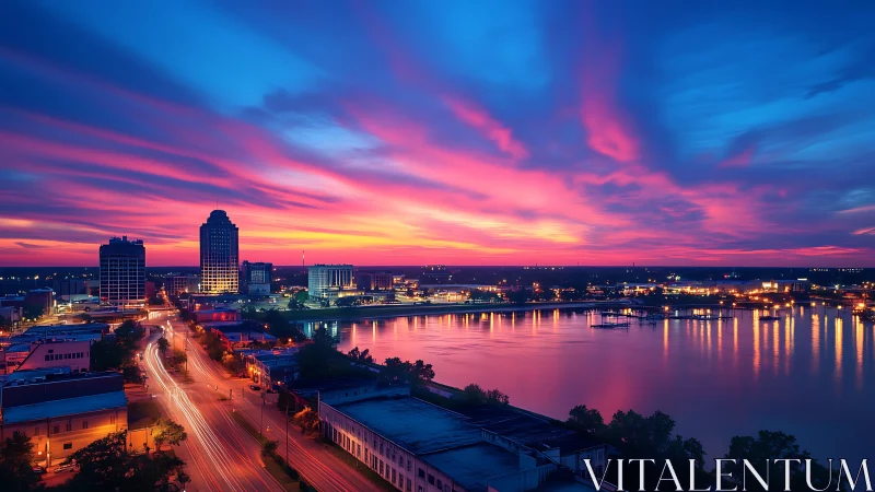 Urban waterfront skyline under vivid sunset sky at dusk.