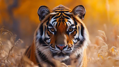 Tiger in dry grassland habitat with warm background light.