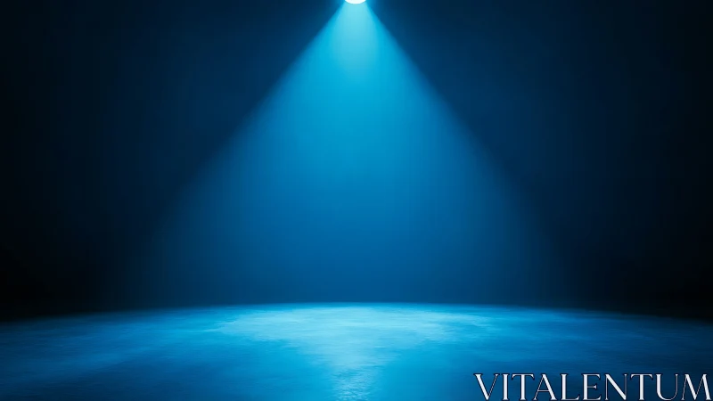 Single overhead spotlight illuminates empty blue studio floor