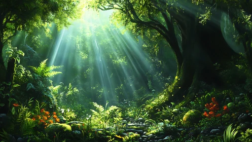 Forest interior with directional light rays and dense vegetation.