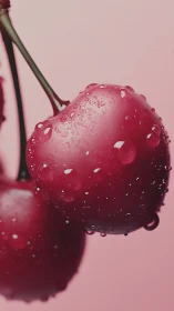 Juicy red cherries glisten softly against a gentle pink glow