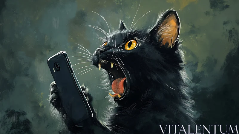 Black cat yelling at smartphone in stylized digital art.
