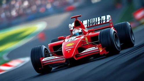 Scarlet formula racer knifes through a sunlit high‑speed curve.