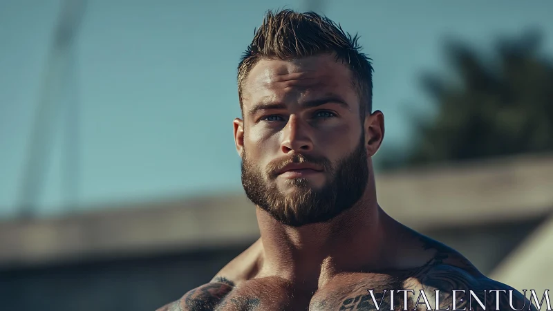 Bearded muscular man in outdoor portrait, strong gaze.