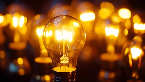 Illuminated tungsten light bulbs in warm orange glow cluster.