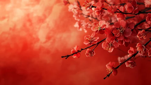 Red plum blossoms bloom on delicate branches against crimson backdrop.