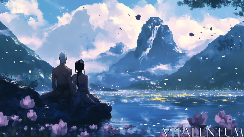 Two Figures Contemplate Luminous Mountain Lake at Dawn.