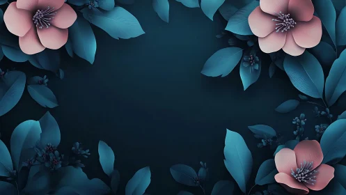 Pink flowers with teal leaves on dark navy background composition