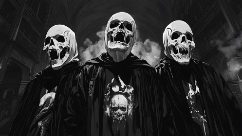 Three skeletal figures stand in cloaked formation in cathedral