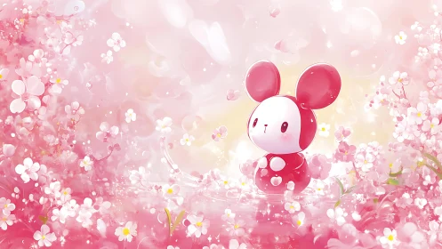 Pink toy figure among stylized cherry blossom elements.