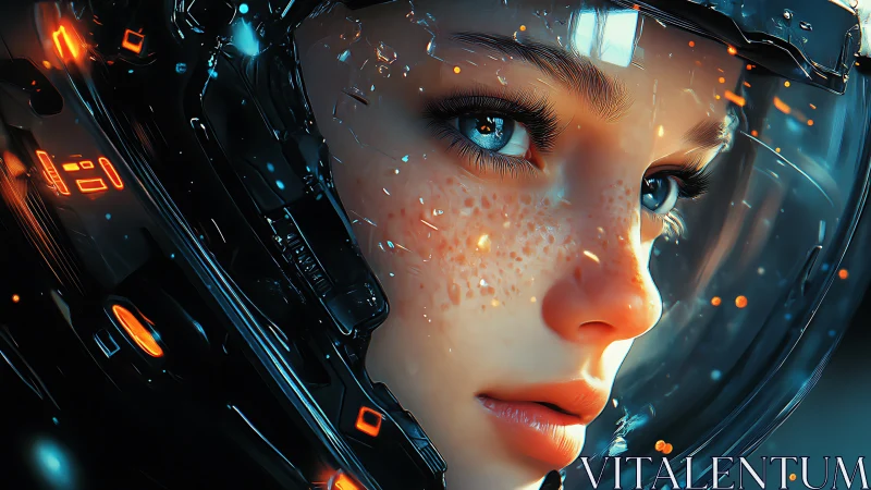 Freckled young astronaut in reflective sci fi helmet.