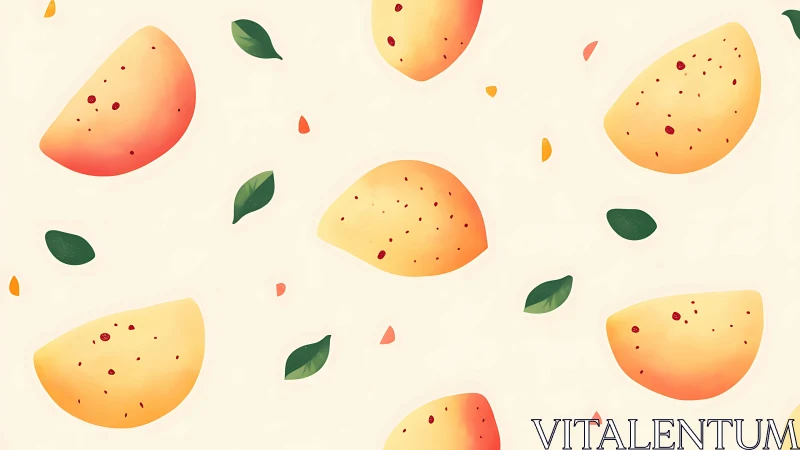 Sunlit mango slices dance with drifting leaves in cream.