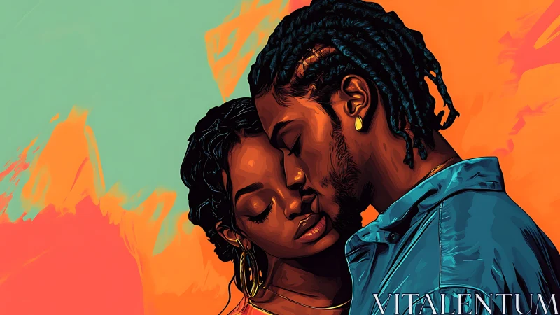 Close embrace of couple in neon duotone digital illustration