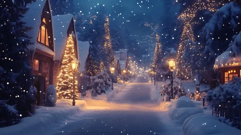 Snowlit village lane glows with twinkling winter enchantment.